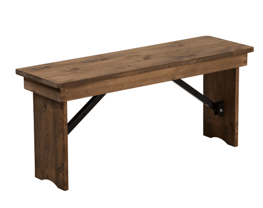 Rustic solid pine folding farm bench that pairs with farmhouse tables — event rental inventory from NCW Event Rentals in Wenatchee, Washington