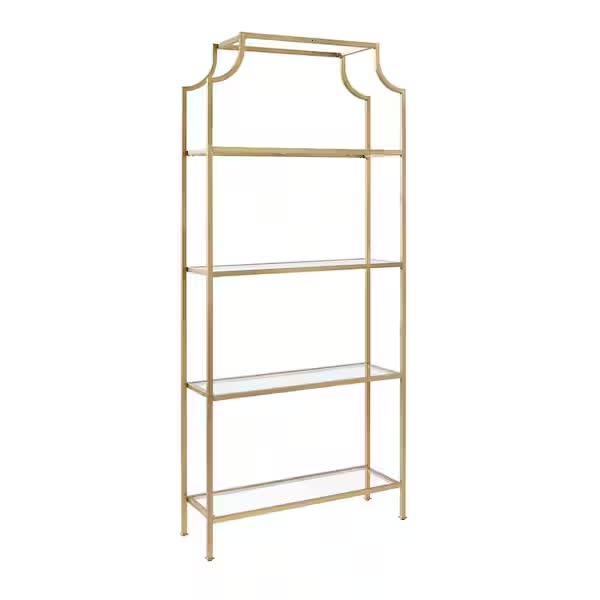 Event Enhancements delivered by NCW Event Rentals in Tri-Cities, Washington — Gold metal étagère display shelf with glass tiers, available to rent for weddings and events in Eastern Washington