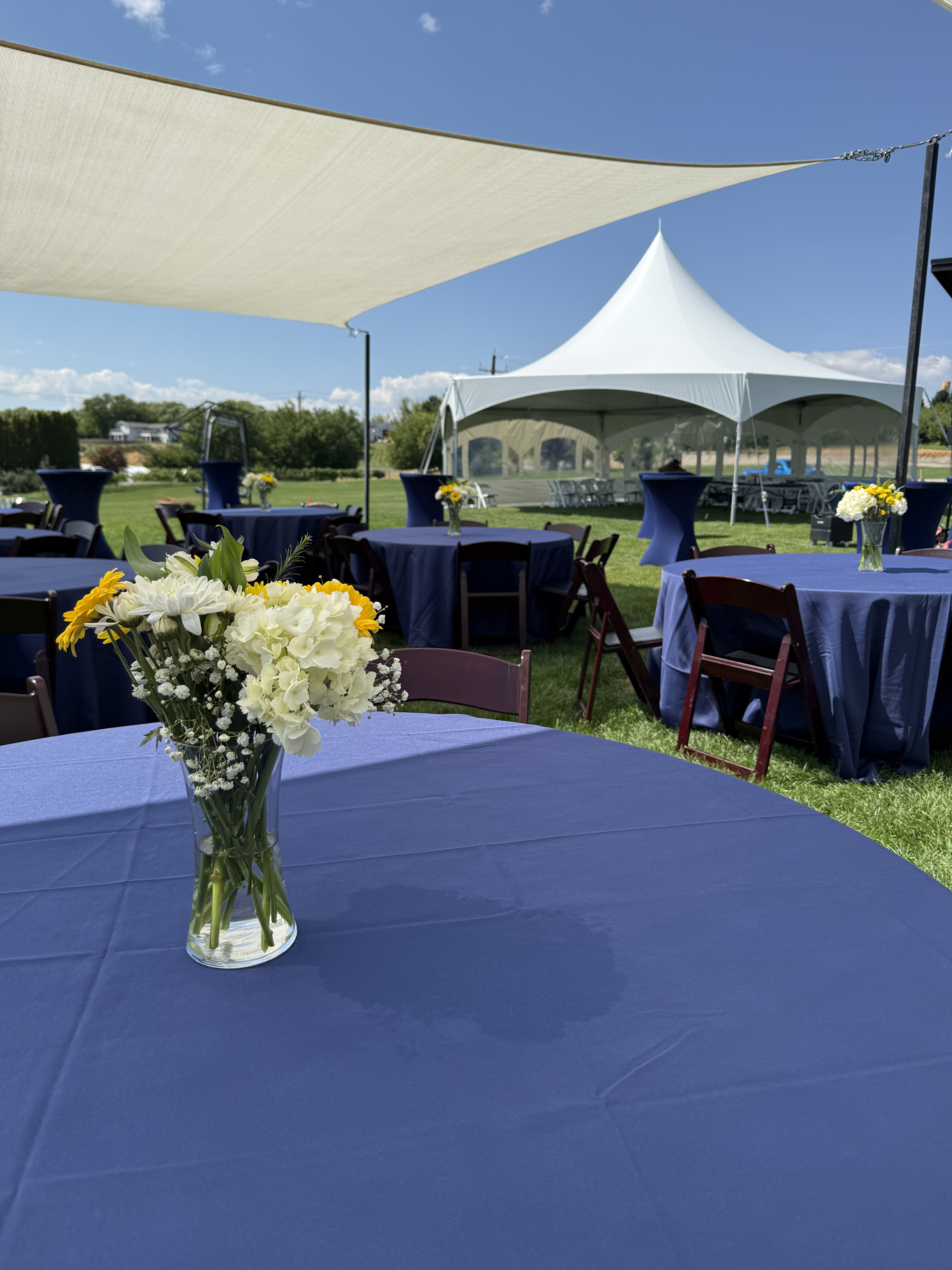 Corporate luncheon under a white high-peak tent with round tables in navy linens and wood folding chairs on a lawn