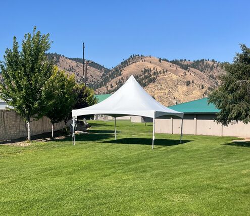 20x20 white marquee tent set up on a lawn for an event in Eastern Washington — 20x20 Frame Tent rental from NCW Event Rentals