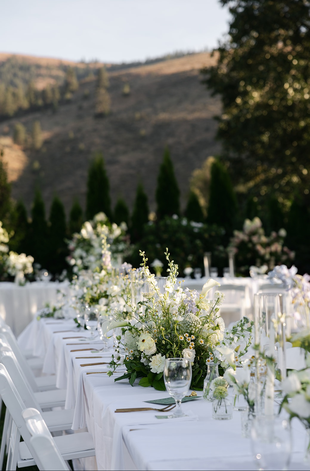 Long banquet table rental with white linen, white folding chairs and white floral centerpieces on a lawn backed by golden hills in Eastern Washington
