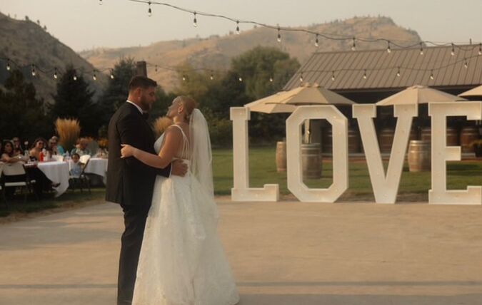 Six foot lit LOVE marquee letters at a wedding reception — party and wedding rental in Chelan, Leavenworth and the Wenatchee Valley, Washington