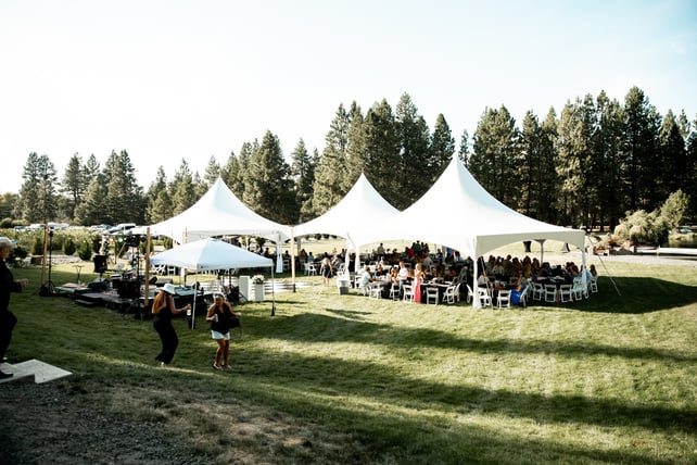 Large 35x40 hexagon marquee tent with high peaks set up for a wedding reception — event rental inventory from NCW Event Rentals in Wenatchee, Washington