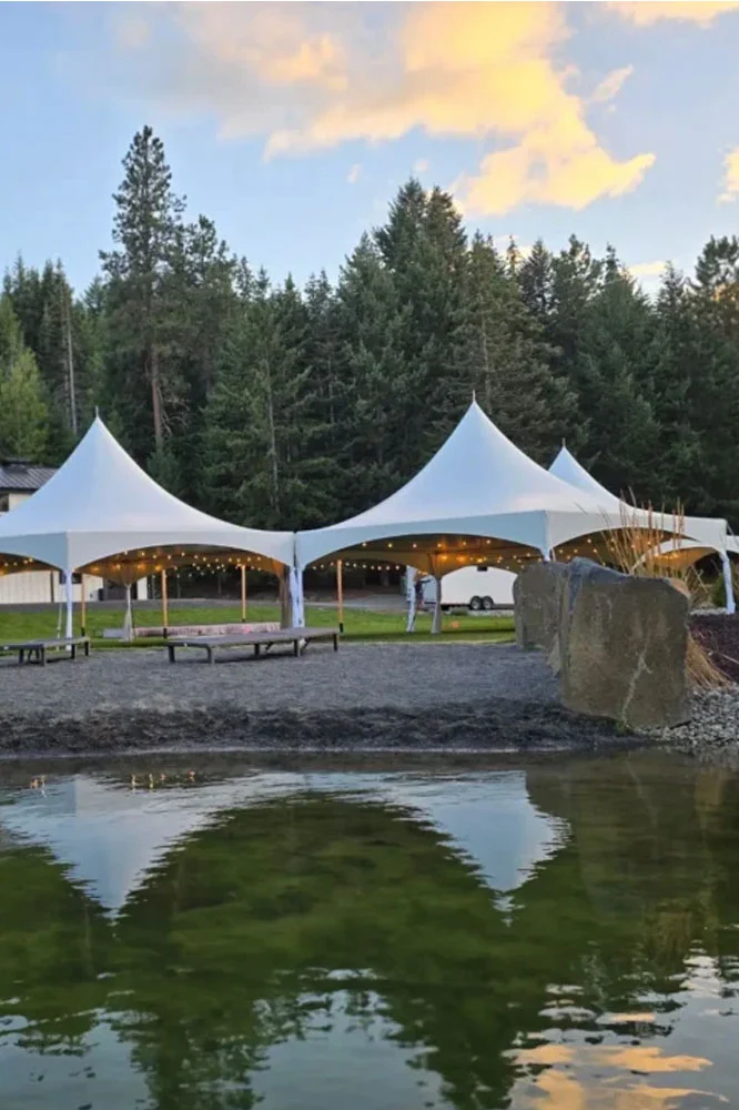 Patio Heater Rentals delivered by NCW Event Rentals in Methow Valley, Washington — White event tent set up on a property in Eastern Washington at dusk