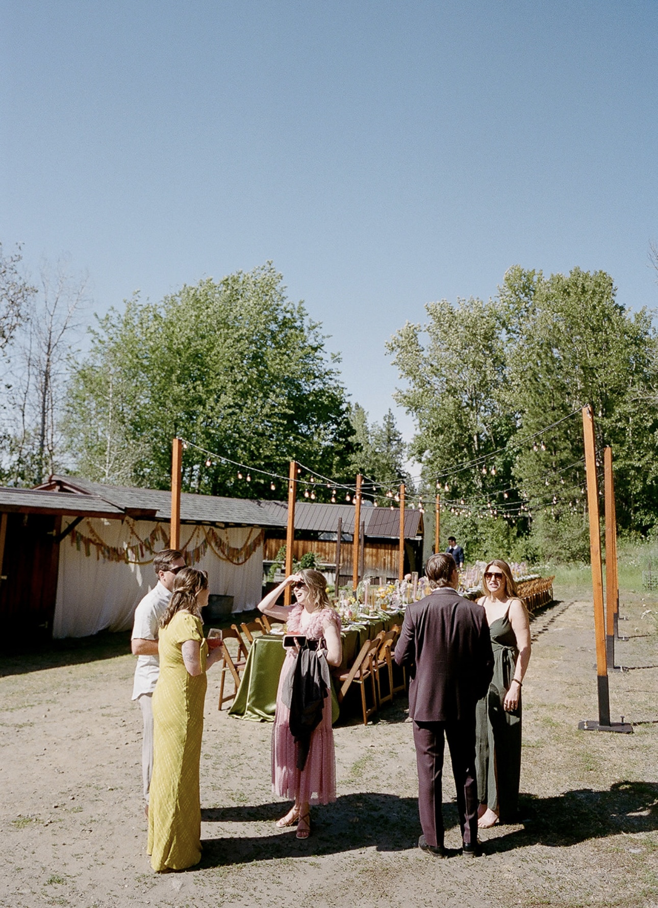Daytime cocktail hour with guests mingling near long tables decorated with flowers under suspended bistro string lights
